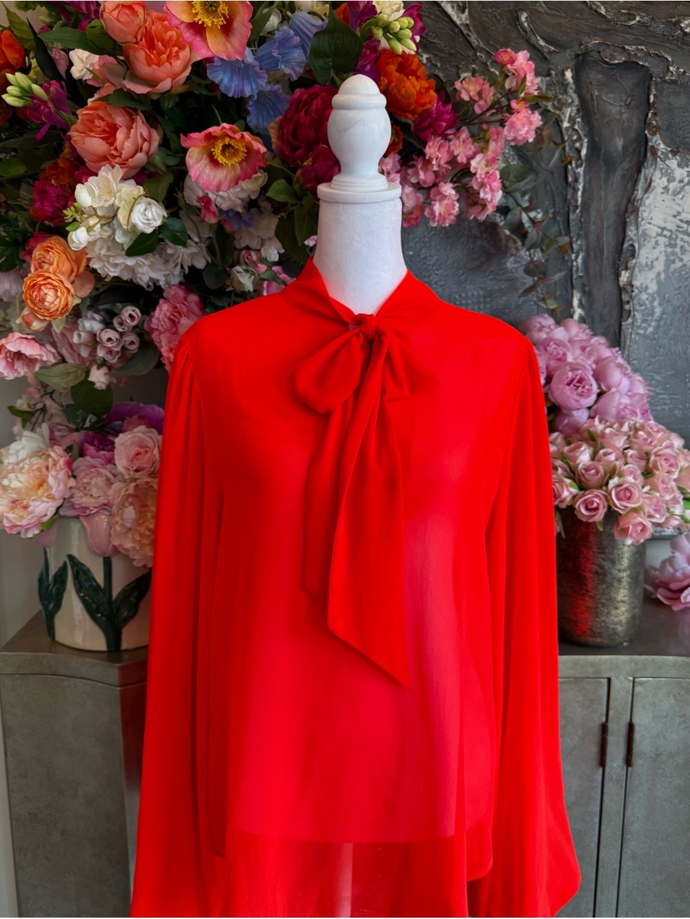 Akira Bright Tangerine Sheer Tie-Neck Blouse